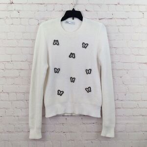 Zara Sweater Womens Large White Embellished Butterfly Crew Neck Pullover